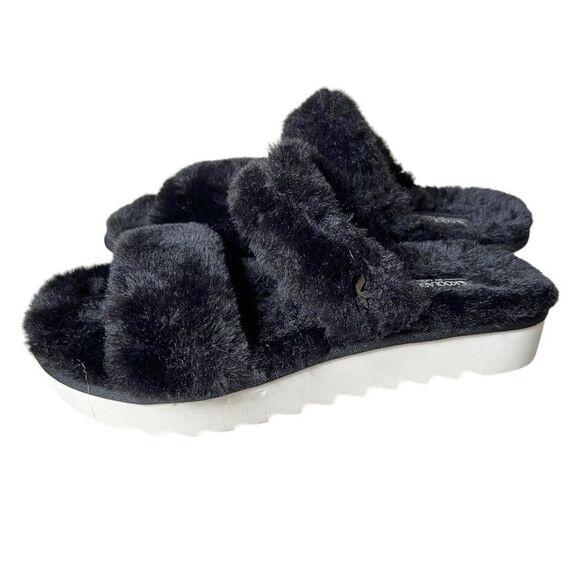 KOOLABURRA BY UGG FUZZ ON FAUX-FUR SLIDE ON BLACK SANDALS - Picture 2 of 12